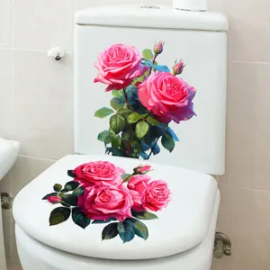 Waterproof removable pink rose toilet sticker for bathroom decor, self-adhesive decal.