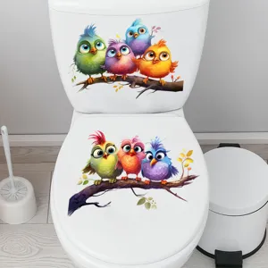 Close up of colorful cute cartoon birds toilet seat and tank sticker waterproof decor.