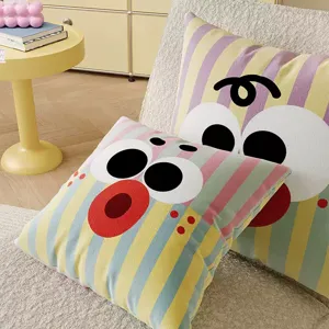 Cute cartoon expression throw pillow, soft pastel striped cushion for bedroom sofa and office chair.