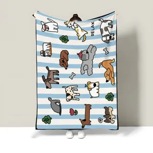 Cute cartoon dog print throw blanket blue white stripe soft flannel mini nap blanket for office