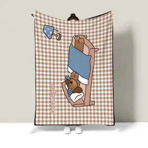 Brown grid pattern nap blanket with cute dog and sofa print, soft and warm mini knee cover shawl.