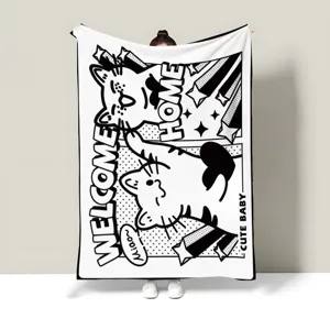Black and white comic cat blanket, cozy fleece throw for office nap, home and student dorm use.