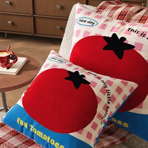 Ins style cute tomato print throw pillow cover, soft grid decorative cushion case for living room.