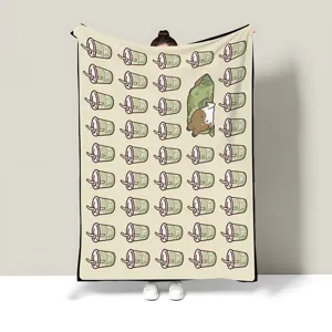 Cozy small blanket for office nap, cute tea cups and animal pattern, soft knee cover.