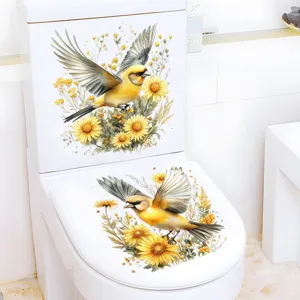 Watercolor bird flower toilet sticker detail, waterproof self-adhesive decorative decal for bathroom.