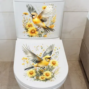 Waterproof self-adhesive toilet sticker featuring lovely yellow bird and sunflower floral design.