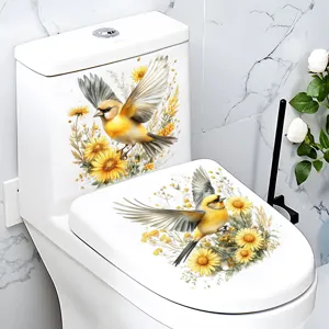Waterproof removable floral bird toilet sticker, self adhesive bathroom decor decal.