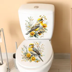 Waterproof toilet sticker with yellow bird and floral design, self-adhesive decal for bathroom