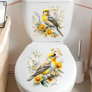 Waterproof floral bird toilet sticker, self-adhesive decal for bathroom decor and home renovation.