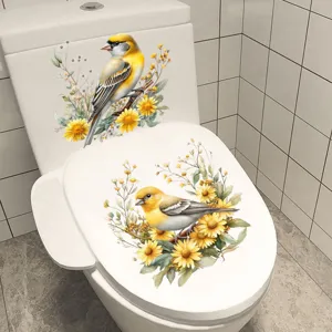 Watercolor bird and floral toilet sticker waterproof self-adhesive removable bathroom decor.