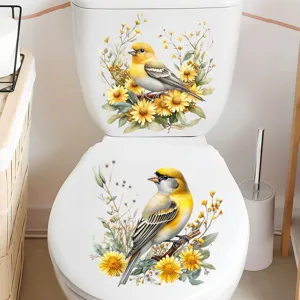 Waterproof self-adhesive toilet sticker featuring charming yellow bird and flower watercolor design.