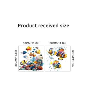 Underwater world wall sticker detail showing clownfish and coral design with size dimensions.