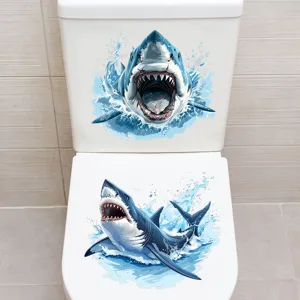 3D shark toilet sticker waterproof self-adhesive bathroom wall decor decal for home use.