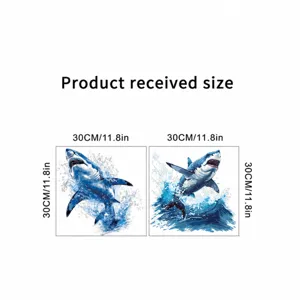 Detailed dimension view of underwater shark wall sticker showing product received size 30x30cm.