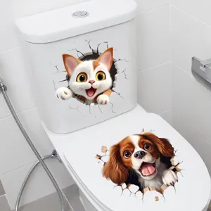 3D cute cat and dog toilet sticker waterproof self-adhesive wall art decor bathroom decal