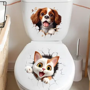 Waterproof 3D animal toilet sticker with cute dog and cat design for bathroom home decor.