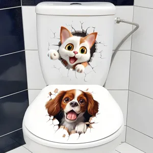 Closeup detail view of 3D funny cartoon cat and dog waterproof toilet seat sticker decal