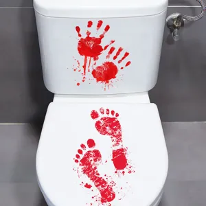 Halloween bloody handprint footprint toilet sticker detail, scary waterproof bathroom decor decal.