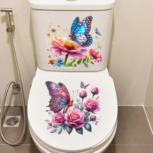 Waterproof butterfly floral toilet sticker self-adhesive bathroom cover decors durable.