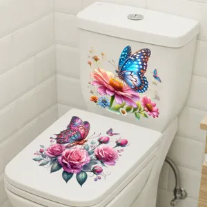 Waterproof butterfly and flower toilet stickers, self-adhesive floral decal for bathroom decor.