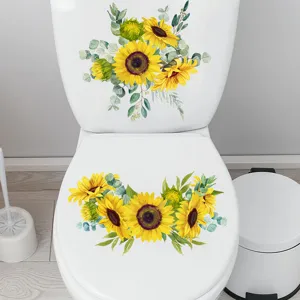 Sunflower toilet seat sticker detail view, waterproof floral self-adhesive bathroom decor.