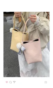 Summer casual minimalist bucket bag women's shoulder handbag with cute charm and ribbon.