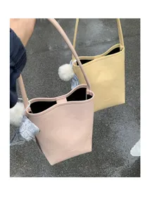 Summer minimalist bucket bag women new style chic shoulder handbag with cute plush ball and scarf.
