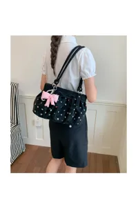 Élégant sac bandoulière noir de style coréen avec des pois colorés et un nœud.