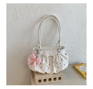 Sac à épaule plissé blanc style coréen pour femmes avec pois colorés et charmant nœud rose.