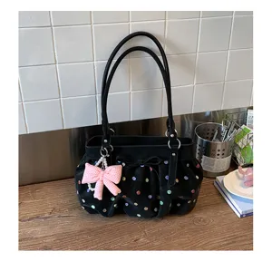 Sac épaule noir style coréen pour femmes avec pois colorés et joli nœud papillon tendance