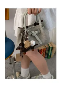 Minimalist textured canvas handbag for women, cute keychain daily casual mini tote bag.