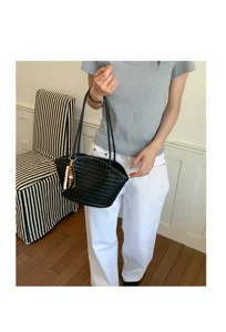 Borsa a spalla in pelle intrecciata nera da donna, elegante borsa hobo casual e pratica.