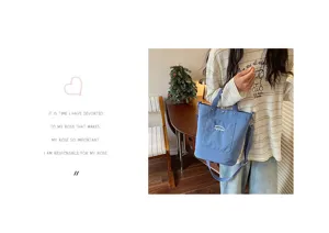 Sac seau en toile style coréen pour femme, sac bandoulière décontracté avec poche avant.