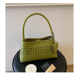 Green woven leather underarm handbag fashion chic cutout shoulder commuting bag detail