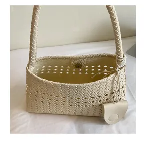 Woven hobo bag detail, hollow design cream white leather shoulder bag, chic commute purse.