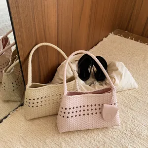 Women Woven Underarm Bag Niche PU Leather Shoulder Handbag Fashion Casual Commute Tote Purse With Small Pouch