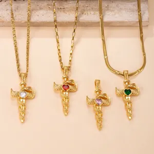 Gold stainless steel snake wrap cross necklace with colorful heart zirconia pendants