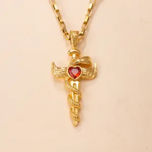 Gold stainless steel cross snake heart red zircon pendant necklace detail close up view