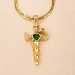 Stainless Steel Snake Wrapped Cross Pendant Necklace with Green Heart Zircon for Women