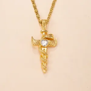 Stainless steel heart zircon cross sword pendant necklace with vintage snake motif