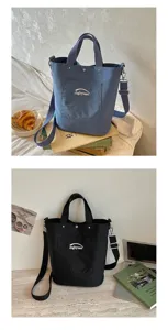 Sac seau décontracté en toile pour femme, sac bandoulière style coréen avec poche avant.