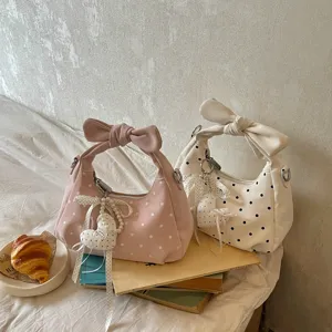 Women cute polka dot crescent handbag with bow handle and heart charm casual shoulder bag