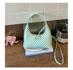 Mint green polka dot crescent shoulder bag, stylish PU leather hobo handbag for women.