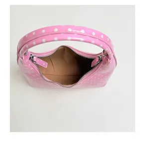 Pink polka dot crescent handbag, stylish hobo bag with zipper, chic minimalist daily purse.