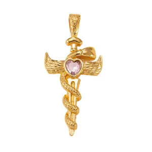 Vintage stainless steel pink cubic zirconia snake cross pendant necklace charm for women