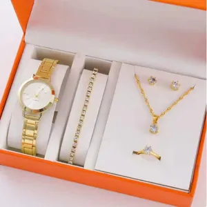 Elegant women's quartz watch and crystal jewelry gift set with necklace earrings ring bracelet.