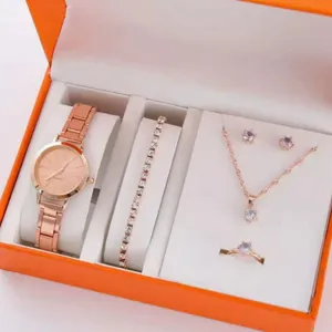 Rose gold quartz watch jewelry set including necklace bracelet earrings and ring for women.