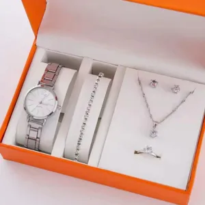 Women Fashion Quartz Watch Bracelet Jewelry Set Luxury Alloy Rhinestone Analog Wristwatch Necklace Earrings Ring Matching Set No Box