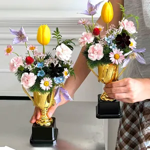 Golden Trophy Shape DIY Floral Arrangement Material Plastic Electroplated Trophy Ornament For Home Office School Teacher Day Decor