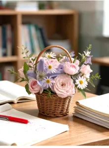 Detail shot of a handmade woven flower basket filled with pink roses and purple flowers.
